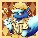 anthro bells_(animal_crossing) blue_body blue_fur button_(fastener) clothed clothed_anthro clothed_male clothing coin coin_flip coin_toss dress_shirt fluffy fluffy_tail fur hand_in_pocket hat headgear headwear male male_anthro pattern_background pockets red_eyes shirt short short_anthro short_male simple_background skunk_tail smile solo suspenders tail topwear white_body white_fur crazed_doodler animal_crossing nintendo kicks_(animal_crossing) mammal mephitid skunk 1:1 2023 digital_media_(artwork) hi_res