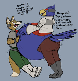 annoyed anthro beak belly belly_overhang belt big_belly blue_body blue_feathers boots bottomwear clothed clothing dialogue dipstick_tail duo fangs feathers footwear fur hair half-closed_eyes hand_on_belly headgear huge_belly jacket kerchief male male/male markings narrowed_eyes open_bottomwear open_clothing open_mouth open_pants orange_body orange_fur pants pilot_uniform pinned_by_belly profanity shirt shoes smile tail tail_markings tan_body tan_fur tan_hair teasing teeth text topwear wristband saphiros nintendo star_fox falco_lombardi fox_mccloud avian bird canid canine fox mammal 2020 english_text hi_res