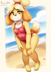 accessory anthro barefoot beach bell black_nose blonde_hair breasts clothing cloud eyebrow_through_hair eyebrows eyelashes feet female hair hair_accessory hairband looking_at_viewer navel_outline one-piece_swimsuit outside red_clothing red_swimwear sand short_hair sky small_breasts smile solo swimwear translucent translucent_hair water azuretto animal_crossing nintendo isabelle_(animal_crossing) canid canine canis domestic_dog mammal shih_tzu toy_dog 2024 absurd_res artist_name hi_res