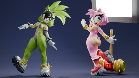 abs anthro black_nose breasts butt clothing duo eyelashes female footwear front_view gloves hammer handwear holding_hammer holding_object holding_tool mostly_nude mostly_nude_female nipples open_mouth open_smile pubes rear_view scar shoes smile tail tools st0rm3ye idw_publishing sega sonic_the_hedgehog_(comics) sonic_the_hedgehog_(idw) sonic_the_hedgehog_(series) amy_rose surge_the_tenrec afrosoricid eulipotyphlan hedgehog mammal tenrec 2026 3d_(artwork) absurd_res digital_media_(artwork) hi_res
