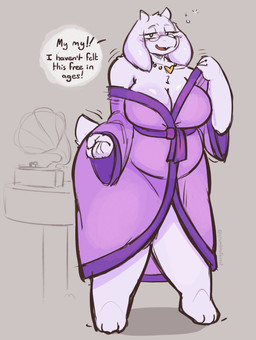 anthro belly big_belly big_breasts blush breasts bubble clothed clothing dialogue drunk drunk_bubble eyelashes eyewear female floppy_ears fur glasses gramophone horn huge_breasts jewelry long_ears looking_at_viewer mature_anthro mature_female necklace open_mouth purple_clothing record_player robe robe_only simple_background smile solo speech_bubble substance_intoxication tail talking_to_viewer text thick_thighs undressing wearing_glasses white_body white_fur crumbleferret undertale undertale_(series) toriel boss_monster_(undertale) bovid bovine caprine goat mammal digital_media_(artwork) english_text hi_res