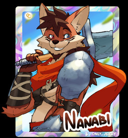 anthro armor badge cape clothing greatsword heterochromia male melee_weapon smile solo sword unconvincing_armor weapon dahecksajerry nanabi_ashiro canid canine fox mammal