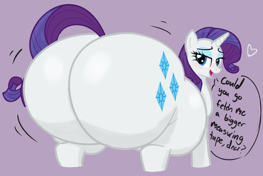big_butt black_eyebrows blue_eyes blue_eyeshadow butt cutie_mark dialogue eyebrows eyelashes eyeshadow female feral hair horn huge_butt hyper hyper_butt looking_at_viewer looking_back looking_back_at_viewer makeup motion_lines open_mouth open_smile pink_tongue purple_background purple_hair purple_tail rear_view red_mouth simple_background smile smiling_at_viewer solo speech_bubble tail talking_to_viewer text thick_thighs tongue unicorn_horn white_body white_ears white_horn freedoomfrot friendship_is_magic hasbro my_little_pony mythology rarity_(mlp) equid equine mammal mythological_creature mythological_equine unicorn 2026 cel_shading colored digital_media_(artwork) english_text hi_res shaded
