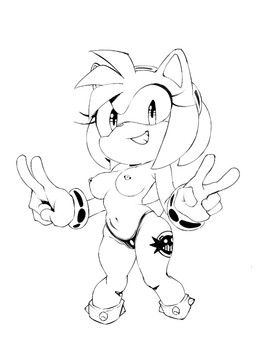 accessory anthro branded breasts clothed clothing eyelashes female gesture hair_accessory hairband hand_gesture looking_at_viewer nipple_piercing nipples piercing smile smiling_at_viewer smirk smirking_at_viewer solo tattoo thong topless topless_female underwear v_sign calabreso eggman_logo sega sonic_the_hedgehog_(series) amy_rose eulipotyphlan hedgehog mammal hi_res monochrome