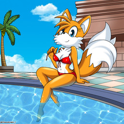 2_tails anthro bikini blue_eyes breasts clothing cloud crossgender dipstick_tail female fur looking_at_viewer markings mtf_crossgender multi_tail multicolored_tail orange_body orange_fur palm_tree plant poolside red_bikini red_clothing red_swimwear sitting sky smile solo swimming_pool swimwear tail tail_markings tree two-piece_swimsuit water white_body white_fur the_knight sega sonic_the_hedgehog_(series) miles_prower canid canine fox mammal 1:1 2020