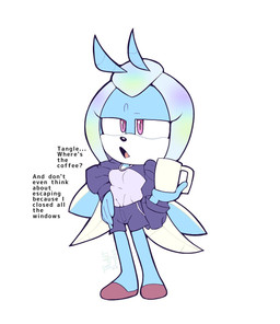 antennae_(anatomy) anthro black_nose blue_body bottomwear breasts brooch clothing container cup eyebrows female footwear half-closed_eyes hand_on_hip headgear headwear holding_container holding_cup holding_mug holding_object insect_wings jacket medium_breasts mug narrowed_eyes open_mouth pink_eyes pupils purple_bottomwear purple_clothing purple_jacket purple_pupils purple_shorts purple_topwear raised_eyebrow shoes shorts simple_background slippers solo text topwear white_background white_face wings tazartthehyena idw_publishing sega sonic_the_hedgehog_(comics) sonic_the_hedgehog_(idw) sonic_the_hedgehog_(series) jewel_the_beetle arthropod beetle insect 2026 english_text hi_res portrait signature