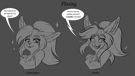 anthro clothing dialogue eyebrows female flirting hair ponytail shirt tank_top text topwear chooper8 lagomorph leporid mammal rabbit 16:9 absurd_res character_request english_text hi_res meme monochrome widescreen