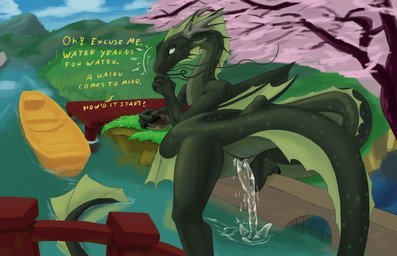 alcohol animal_genitalia beverage blush boat bodily_fluids casual_urination cheek_frill cherry_blossom cherry_blossom_tree cherry_tree claws clear_urine detailed_background dialogue female female_peeing feral feral_peeing flower frill_(anatomy) fruit_tree genital_fluids genital_slit genitals green_body head_crest head_frill horn long_body outside peeing peeing_into_water peeing_outside plant prunus_(flower) pupils quadruped river sake sake_dish slit_pupils smile solo tail tail_frill text toe_claws tree urine urine_stream vehicle watercraft watersports valrionwrites european_mythology mythology temeraire_(series) lady_kiyomizu dragon mythological_creature mythological_scalie scalie western_dragon 2026 digital_media_(artwork) english_description english_text hi_res