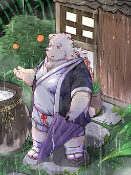 anthro blush clothed clothing detailed_background footwear humanoid_hands kemono male outside overweight overweight_male raining sandals shoes solo umbrella white_body cai_yuwang bear mammal 2022