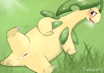anus blush bodily_fluids breath female feral fur genital_fluids genitals grass looking_at_viewer lying on_back open_mouth outside panting plant presenting presenting_vulva quadruped red_eyes solo spread_legs spreading sweat tail vulva x_anus yellow_body yellow_fur fiendingcat nintendo pokemon bayleef generation_2_pokemon pokemon_(species) scalie absurd_res hi_res
