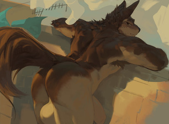 anthro armpit_hair balls barazoku body_hair brown_body brown_fur butt fangs fur genitals humanoid_genitalia humanoid_penis male mouth_closed muscular muscular_anthro muscular_male narrowed_eyes nude outside penis solo standing tan_balls tan_body tan_fur tan_penis teeth three-quarter_view darkgem canid canine mammal