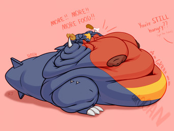 anthro areola bagel belly big_areola big_belly big_cheeks big_moobs big_nipples big_tail black_mouth black_sclera blobby blue_body blue_ears bread chicken_leg chubby_cheeks claws deep_navel dialogue fat_rolls food groan groaning_belly holding_food holding_object huge_areola huge_belly huge_cheeks huge_moobs huge_nipples huge_tail huge_thighs hyper hyper_areola hyper_belly hyper_moobs hyper_nipples hyper_tail hyper_thighs male moobs morbidly_obese morbidly_obese_anthro morbidly_obese_male multicolored_body navel nipples obese obese_anthro obese_male onomatopoeia open_mouth overweight overweight_anthro overweight_male pink_background red_areola red_body red_nipples rumbling_stomach simple_background slosh sloshing_tail solo sound_effects spikes spikes_(anatomy) tail talking_to_another text thick_thighs weight_gain white_claws yellow_body yellow_eyes sloshyjoshy nintendo pokemon garchomp generation_4_pokemon pokemon_(species) 2026 cel_shading colored digital_media_(artwork) english_text hi_res shaded