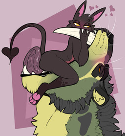 abstract_background ambiguous_anthro ambiguous_gender anthro big_fangs bodily_fluids duo fangs fur green_body green_fur grey_body grey_fur imminent_vore in_mouth male male_anthro mouth_play narrowed_eyes nude pawpads pink_pawpads red_body red_fur side_view size_difference slim_ambiguous slim_anthro spade_tail sweat sweaty_face tail teeth whiskers swampjaws swamp_jaws_(imperatorcaesar) felid mammal hi_res