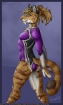 2012 anthro athletic breasts clothed clothing fangs felid female fur gymnast hair jessie_(sookta) leotard mammal muscular muscular_anthro pantherine saber-toothed_tiger sabertooth_(anatomy) small_breasts smile solo sookta teeth text tiger tight_clothing url