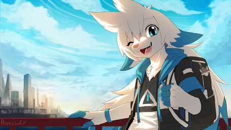 anthro backpack black_clothing black_topwear blue_body blue_clothing blue_eyes blue_fur blue_sky blue_topwear city claws clothed clothing cloud floppy_ears fur glistening glistening_eyes hair happy jewelry looking_at_viewer male necklace one_eye_closed open_mouth open_smile outside pink_nose pink_tongue sky smile solo standing tongue topwear white_body white_clothing white_fur white_hair white_topwear penguinexperience aiden_(penguinexperience) canid canine canis domestic_dog mammal 16:9 half-length_portrait portrait signature widescreen