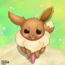 :3 animal_genitalia animal_penis big_penis blush bodily_fluids brown_body brown_eyes canine_genitalia canine_penis feral fur genital_fluids genitals knot looking_at_viewer male outside penis precum sitting small_but_hung solo tongue tongue_out tuft jackiewolf-6734 nintendo pokemon canid canine eevee generation_1_pokemon mammal pokemon_(species) 1:1