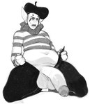 balls belly beret bodily_fluids bottomwear clothing femboy genitals hat headgear headwear male mime navel pants penis slightly_chubby solo sweat thick_thighs wide_hips poundcakeart activision crash_bandicoot_(series) crash_team_racing_(series) crash_team_racing_nitro-fueled small_norm alien humanoid monochrome