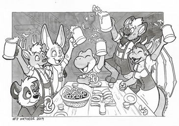 anthro barefoot cheering clothed clothing eyes_closed feet food group hair happy head_tuft holding_beer inside logo male meat open_mouth open_smile pretzel_(food) sausage short_hair smile tuft young young_anthro young_male pandapaco mario_bros mythology nintendo buckleythedeer parinton rabidrabbit56 bear deer dragon giant_panda hyena lagomorph leporid mammal mythological_creature mythological_scalie rabbit scalie yoshi 2019 artist_logo dated monochrome signature traditional_media_(artwork)