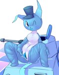 anthro blue_body blue_pussy blue_tongue breasts clothing countershading featureless_breasts female genitals hat hat_only headgear headgear_only headwear headwear_only innie_pussy looking_at_viewer mostly_nude navel one_eye_closed plushie pussy sitting solo spread_legs spread_pussy spreading tail tongue tongue_out white_body wink fluffolio katz_(fluffolio) animate_inanimate domestic_cat felid feline felis living_plushie mammal hi_res