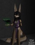 anthro black_eyes black_hair black_nose book breasts brown_body brown_fur clothed clothing dim_lighting dress female floating fur green_glow hair jackal_ears purple_clothing skimpy solo from_the_archives canid canine canis jackal mammal