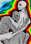 duo fur grey_body grey_fur hug hurricane looking_at_viewer male multicolored_eyes muscular muscular_humanoid muscular_male not_furry nude_humanoid nude_male rainbow_eyes soul_devouring_eyes white_body white_fur annya_zombie air_creature air_humanoid elemental_creature elemental_humanoid humanoid hurricane_humanoid living_hurricane 2024 absurd_res hi_res