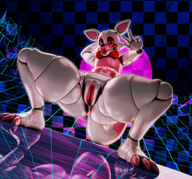 3_toes andromorph anthro bent_back bow_tie checkered checkered_background clitoris crouching dutch_angle eyebrows featureless_chest feet genitals gesture glistening glistening_body hand_behind_head hand_gesture intersex lips looking_at_viewer machine mountain pattern_background pink_eyebrows pink_toes pink_vulva purple_eyelids red_bow_tie red_lips reflective_floor sharp_teeth simple_background solo spread_legs spreading sun synthwave tail teeth toes v_sign vulva white_body yellow_eyes zelyonka octal_(modeler) five_nights_at_freddy's five_nights_at_freddy's_2 scottgames mangle_(fnaf) animatronic canid canine fox mammal robot robot_anthro 2026 3d_(artwork) absurd_res digital_media_(artwork) full-length_portrait hi_res portrait watermark female_(lore)