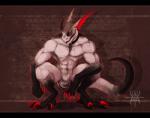 anthro black_bars black_body black_skin claws collar crouching eyes_closed fur grin horn male muscular muscular_anthro muscular_male red_claws smile solo spread_legs spreading white_body white_skin mutantparasitex grem letterbox