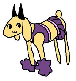 :3 ambiguous_gender black_horn bottomwear clothed clothed_feral clothing feral fur horn purple_bottomwear purple_clothing purple_skirt skirt solo yellow_body yellow_fur bravobunny bovid caprine goat mammal low_res