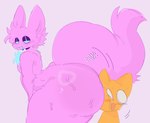 anthro big_butt big_tail blue_eyes blush bodily_fluids butt chest_tuft duo face_squish fur half-closed_eyes head_on_butt huge_butt motion_lines narrowed_eyes open_mouth pink_body pink_fur squish sweat tail text thick_thighs tuft white_eyes wide_eyed wobbling yellow_body yellow_fur zombvie00 aimkid_(copyright) cat_(aimkid) soft_fuzzy_man_(aimkid) domestic_cat felid feline felis mammal hi_res