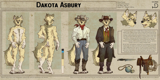 angry anthro backstory blue_eyes body_hair boots bottomwear canteen clothed clothed_male clothing cowboy cowboy_boots cowboy_hat cowboy_outfit denim denim_bottomwear denim_clothing fluffy footwear freckles front_view fur happy_trail hat headgear headwear jacket jeans kerchief knife male markings pants rear_view saddle serious shoes sketchy solo spots spotted_markings tan_body tan_fur text topwear unpromising.sh.p dakota_(cowboycoyote) dakota_(fablecoyote) dakota_asbury canid canine canis coyote mammal absurd_res english_text hi_res huge_filesize model_sheet
