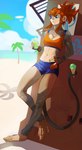 anthro athletic athletic_anthro athletic_female beach beverage blue_eyes bottomwear bra breasts brown_hair cleavage clothed clothing day dessert feet female fingerless_gloves food glass gloves hair hand_on_hip handwear haplorhine hi_res holding_beverage holding_object ice_cream leaning_on_wall mammal midriff monkey navel outside palm_tree plant prehensile_feet prehensile_tail primate ruthelli seaside shorts solo sports_bra standing tail tail_holding_object toes tree underwear