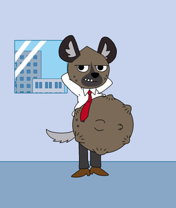 anthro belly big_belly black_bottomwear black_clothing black_pants bottomwear brown_body brown_clothing brown_footwear brown_fur brown_shoes building clothing footwear fur hands_behind_head kick looking_at_viewer male navel office_clothing outie outie_navel pants pregnant pregnant_male shirt shoes solo topwear white_clothing white_shirt white_topwear window supermariofann1 aggretsuko mayternity mayternity_2025 sanrio haida_(aggretsuko) hyena mammal 2025 hi_res