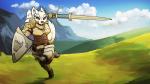 albino anthro armor attack female fur hair heater_shield landscape melee_weapon muscular muscular_female red_eyes running shield solo sword warrior weapon white_body white_fur white_hair zweihander feretta prydr canid canine dire_wolf mammal prehistoric_species 16:9 2019 digital_media_(artwork) hi_res shaded widescreen