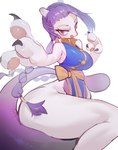 anthro asian_clothing biped breasts chinese_clothing clothing east_asian_clothing female glistening glistening_eyes hair holowear_(pokemon) open_mouth pink_body purple_body purple_eyes purple_hair side_view simple_background solo white_background wig utterangle nintendo pokemon pokemon_unite martial_arts_style_mewtwo generation_1_pokemon legendary_pokemon mewtwo pokemon_(species) hi_res shaded