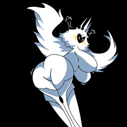 big_breasts blush breasts butt eyelashes eyes_closed featureless_breasts featureless_crotch female fur heart_symbol motion_lines simple_background solo white_background white_body white_fur wings osakana2gou hollow_knight_(franchise) team_cherry radiance_(hollow_knight) arthropod insect lepidopteran moth 1:1