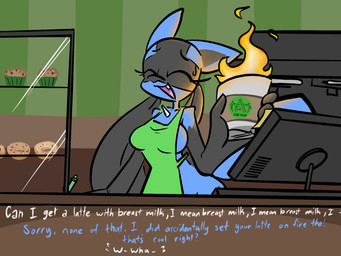 anthro apron apron_only black_body black_fur blue_body blue_fur blue_text bodily_fluids breasts chest_spike clothing coffee_shop color_coded color_coded_text computer container cup dessert dialogue doughnut electronics eyelashes eyes_closed female fire food fur green_apron green_clothing holding_container holding_cup holding_object holding_pen mostly_nude muffin pastry pen repeated_dialogue repeated_text solo spikes spikes_(anatomy) store stuttering sweat sweatdrop text white_text writing_utensil pencil-arts i_mean_breast_milk nintendo pokemon auriia_(pencil-arts) fan_character generation_4_pokemon lucario pokemon_(species) 4:3 english_text hi_res meme