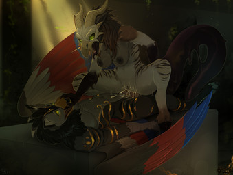 anthro anthro_on_anthro anthro_penetrated anthro_penetrating anthro_penetrating_anthro areola beak biped bodily_fluids breasts claws cum cum_in_vagina cum_inside dominant dominant_female duo feet female female_penetrated fingers fur genital_fluids genitals hair horn lying male male/female male_penetrating male_penetrating_female nipples on_back penetration penile penile_penetration penis penis_in_vagina sex tail toes tongue vaginal vaginal_penetration vulva sepiaflux mythology avian bird demon gryphon mythological_avian mythological_creature 2025 digital_drawing_(artwork) digital_media_(artwork) hi_res