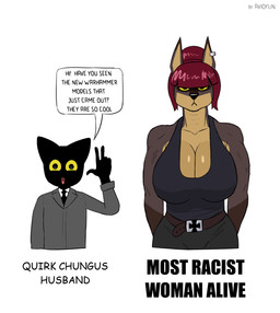 anthro big_breasts black_body breasts brown_body cleavage clothed clothing dialogue duo ear_piercing eyelashes female happy huge_breasts husband_and_wife long_eyelashes looking_at_viewer male married_couple muscular muscular_anthro muscular_female piercing racism shirt size_difference speech_bubble suit tear_trough text topwear wife avioylin debby_(bumpin121) canid canine canis dobermann domestic_cat domestic_dog felid feline felis mammal pinscher english_text hi_res meme