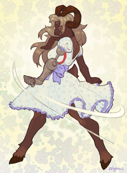 2_horns abstract_background anthro biped breasts brown_body brown_horn clothed clothing curled_horn dress female female_anthro floppy_ears fully_clothed hair hooves horn long_ears long_hair looking_at_viewer motion_lines prosthetic prosthetic_arm prosthetic_limb scut_tail short_tail snout solo tail text unguligrade zeighous bovid caprine goat mammal artist_name hi_res signature