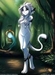 2019 adobe_photoshop_(artwork) anthro black_sclera blue_eyes braided_hair breasts casual_nudity claws colored conditional_dnp convenient_censorship detailed_background digital_media_(artwork) digitigrade english_text featureless_crotch felid feline female forest fur hair hair_covering_breasts hands_behind_back hi_res keidran lamp lantern mammal markings navel nude outside pigtails plant small_breasts smile solo tail tail_tuft text toe_claws tom_fischbach tree tuft twokinds url white_body white_fur will-o'-the-wisp willow_wisp