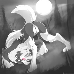 all_fours anthro anus areola ass_up bent_over biped black_claws black_nose blurred_background bodily_fluids breasts butt chest_tuft claws countershade_torso countershading detailed_background digitigrade dripping fangs feet female fingers fluffy fluffy_tail fog forest fur genital_fluids genitals grass hair head_down humanoid_genitalia humanoid_vulva looking_back mane moon multicolored_body multicolored_fur night nipples nude on_ground open_mouth open_smile outdoor_nudity outside patreon_logo paws pink_eyes plant presenting presenting_hindquarters presenting_vulva raised_tail rear_view sky small_breasts smile solo tail teeth text three-quarter_view toes tongue tongue_out tree tuft two_tone_body two_tone_fur vaginal_fluid_drip vaginal_fluid_string vaginal_fluids vulva website_logo white_body white_countershading white_fur white_hair white_mane white_tail conditional_dnp scappo nintendo patreon pokemon canid canine generation_7_pokemon lycanroc mammal midnight_lycanroc pokemon_(species) 1:1 2017 digital_drawing_(artwork) digital_media_(artwork) greyscale hi_res monochrome spot_color url watermark