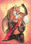 anthro biped breasts clothed clothing digitigrade dress female fire fur hair kneeling legwear long_hair looking_at_viewer magic magic_user orange_body orange_fur simple_background skimpy smile solo stockings tail goldenwolf canid canine fox mammal 2010 detailed traditional_media_(artwork) watermark