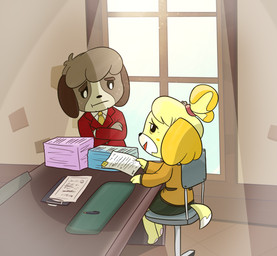 3_fingers anthro barefoot bell_hair_tie black_eyes black_nose blonde_hair brown_body brown_eyebrows brown_fur chair clipboard clothed clothed_anthro clothed_female clothed_male clothing crossed_arms day desk dipstick_tail duo eye_contact eyebrows facial_markings feet female female_anthro fingers floor floppy_ears freckled_face freckles fully_clothed fully_clothed_anthro fully_clothed_female fur furniture hair head_markings light looking_at_another lop_ears male male_anthro markings mouth_closed multicolored_body multicolored_fur multicolored_hair necktie office_chair on_chair open_mouth open_smile orange_clothing orange_hair orange_suit paper paper_pile pawpads pen pink_freckles pink_pawpads ponytail pupils red_clothing red_hair_tie red_suit short_hair sitting sitting_on_chair smile smiling_at_another standing suit sunlight table tail tail_markings tan_wall teeth thin_eyebrows tired_eyes two_tone_hair two_tone_tail wall_(structure) white_dress_shirt white_markings white_pupils white_tail_tip window wood wood_floor yellow_body yellow_fur yellow_necktie yellow_tail cookieboy011 animal_crossing nintendo digby_(animal_crossing) isabelle_(animal_crossing) canid canine canis domestic_dog mammal shih_tzu toy_dog 2020 colored digital_drawing_(artwork) digital_media_(artwork) english_description hi_res lighting shaded story story_in_description brother_(lore) brother_and_sister_(lore) sibling_(lore) sister_(lore) twins_(lore)
