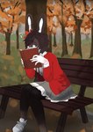 anthro bench blue_eyes blush book bottomwear clothed clothing eyewear femboy glasses looking_at_viewer male sitting skirt pagie_(artist) shirou_kenta lagomorph leporid mammal rabbit hi_res