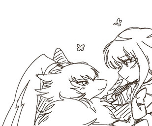 anthro duo female fluffy fluffy_chest long_ears male ponytail_ears smile kiri2445 bandai_namco digimon digimon_ghost_game ruri_tsukiyono digimon_(species) human mammal symbareangoramon sketch