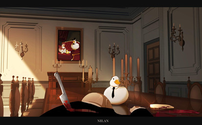 ambiguous_gender blood bodily_fluids bread candlestick chair clothed clothing day death detailed_background duo feral food furniture glint inside knife light mafia necktie painting_(object) photo solo_focus suit sunlight table nilan_1999 anatid anseriform avian bird duck human mammal hi_res