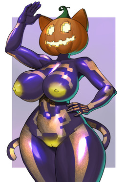 anthro areola big_breasts bodypaint breasts female food for_a_head front_view fruit genitals hand_on_hip huge_breasts jack-o'-lantern navel nipples nude plant pumpkin purple_background purple_body simple_background skeleton_bodypaint solo thick_thighs vulva white_background wide_hips yellow_areola yellow_nipples yellow_vulva mrcrazyp3 epic_games fortnite spice_(fortnite) domestic_cat felid feline felis mammal object_head hi_res
