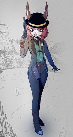 anthro badge belt boots bottomwear bowler_hat buckteeth clock clothed clothing collared_shirt cowboy_boots desert detective dress_shirt female footwear fur furgonomic_headwear furgonomics grey_body grey_ears grey_fur gun hair handgun hat headgear headwear holding_object holding_ranged_weapon holding_weapon holster looking_at_viewer necktie open_mouth pocket_chain pocketwatch pose pupils ranged_weapon red_hair revolver shirt shoes short_hair simple_background solo suit teeth topwear watch weapon white_body white_fur white_pupils wild_west kosatich elisa_(kosatich) lagomorph leporid mammal rabbit 2022 absurd_res digital_media_(artwork) hi_res