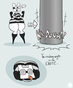 anthro armwear big_butt blush blush_lines boots bubble_butt butt clothing crossbar_emanata curvy_figure dialogue directional_arrow elbow_gloves emanata eyewear fangs femboy flash_emanata flattened footwear gloves goggles handwear knee_boots knee_highs legwear logo male onomatopoeia pancake_flattened pattern_clothing pattern_shirt pattern_topwear shirt shoes small_waist solo sound_effects spiral spiral_eyes striped_clothing striped_shirt striped_topwear stripes teeth text thick_thighs tongue tongue_out topwear white_body wide_hips thatdawgmurray melrone_(thatdawgmurray) unknown_species aliasing artist_logo artist_name digital_media_(artwork) english_text hi_res signature
