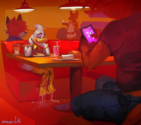 anthro beak blue_bottomwear blue_clothing blue_pants bodily_fluids bottomless bottomwear clothed clothing cum cum_on_ground electronics excessive_cum excessive_genital_fluids fur furniture genital_fluids group head_tuft holding_object holding_phone inside lamp male male_anthro narrowed_eyes open_mouth orange_body orange_fur pants phone red_clothing red_shirt red_t-shirt red_tongue red_topwear shirt sitting t-shirt table tongue topwear tuft white_body white_fur yellow_beak oselotti background_character oselotti_(character) quill_wonderfowl anatid anseriform avian bird canid canine domestic_cat duck felid feline felis fox mammal 2025 absurd_res hi_res signature